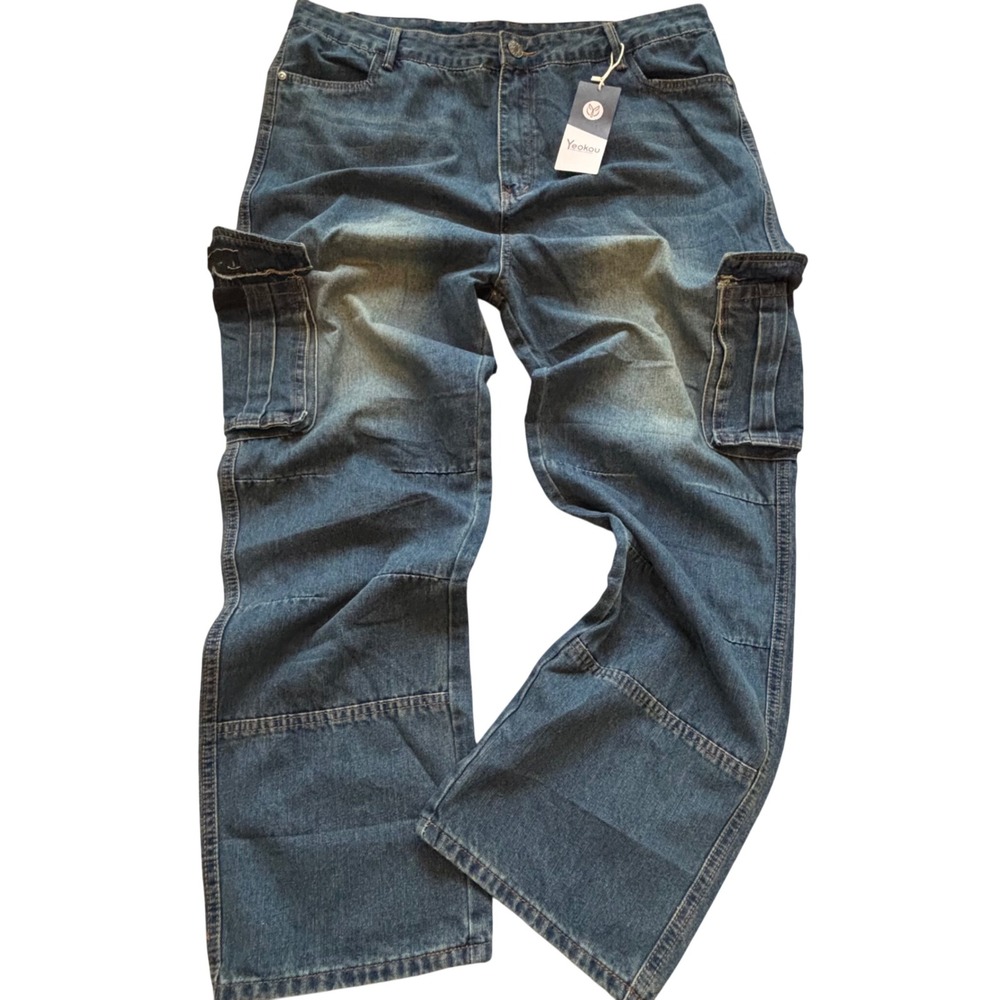 90's Y2K Yeokou Paratrooper Cargo Jeans Mens 40x30 Blue NWT Utility Streetwear